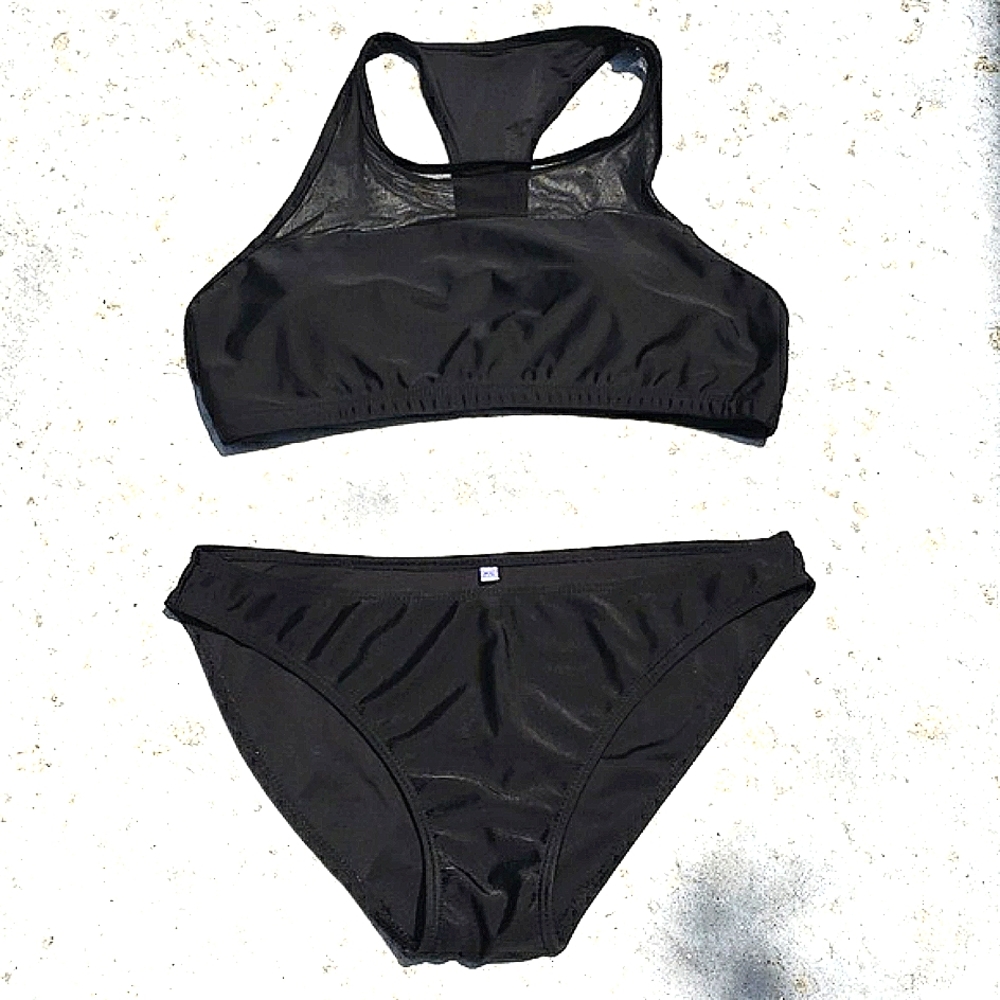 2 piece black swimsuit with sheer upper chest, XL